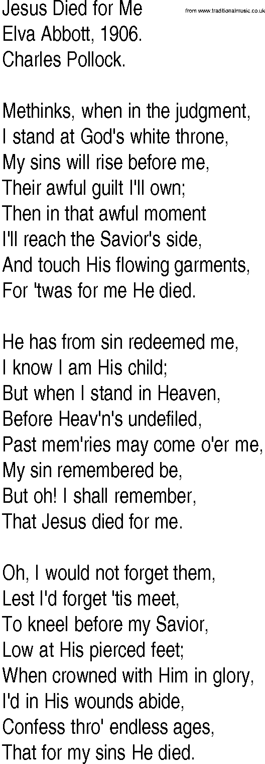 Hymn and Gospel Song: Jesus Died for Me by Elva Abbott lyrics