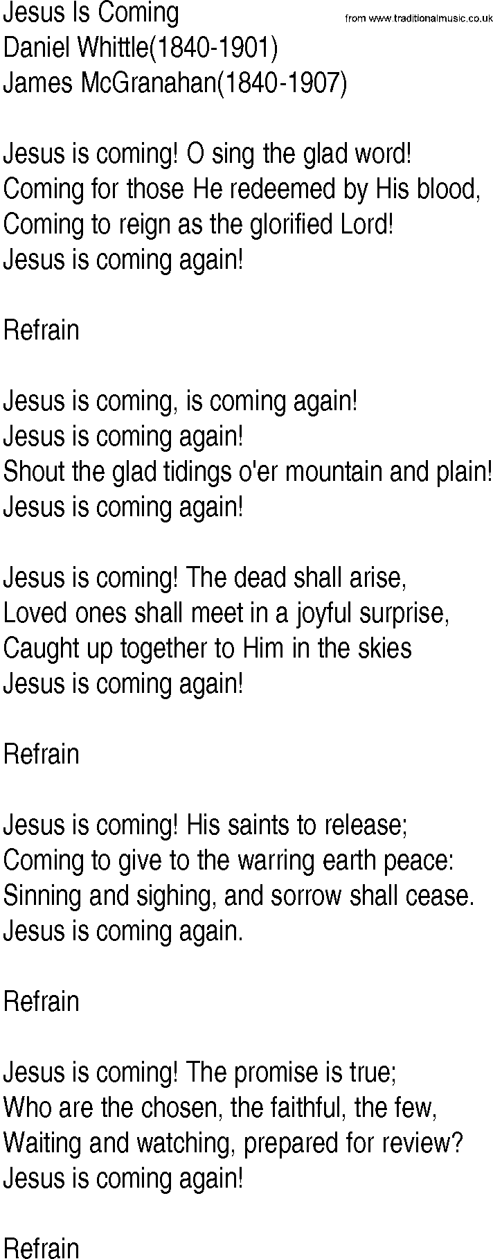 Hymn and Gospel Song: Jesus Is Coming by Daniel Whittle lyrics