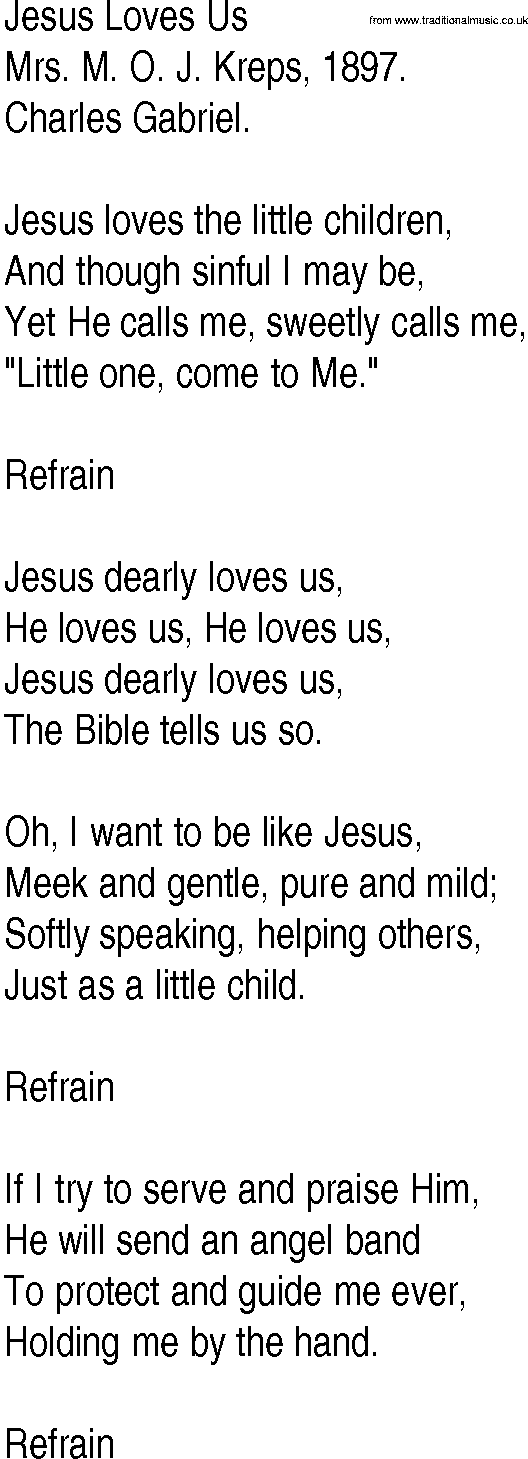 Hymn and Gospel Song: Jesus Loves Us by Mrs M O J Kreps lyrics