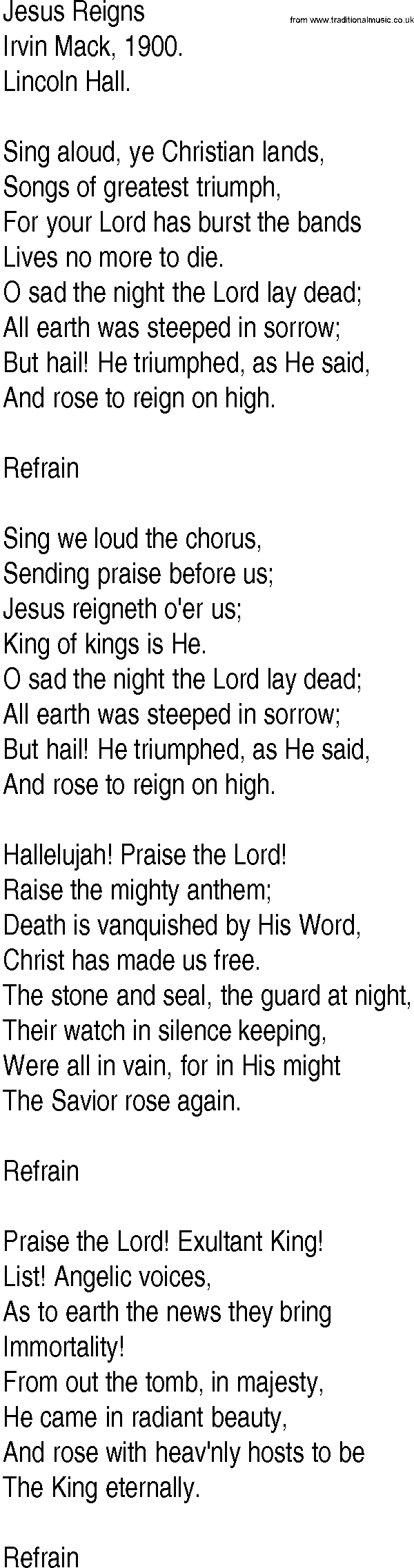 Hymn and Gospel Song: Jesus Reigns by Irvin Mack lyrics