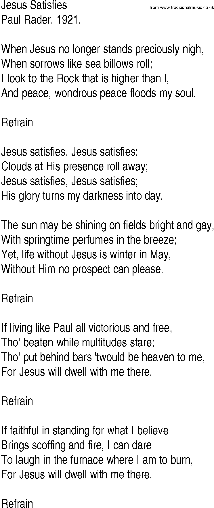 Hymn and Gospel Song: Jesus Satisfies by Paul Rader lyrics