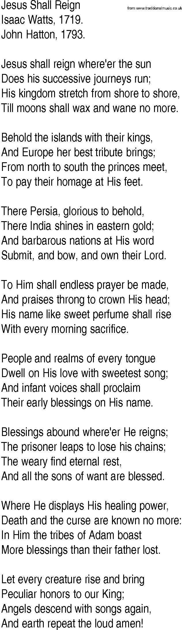 Hymn and Gospel Song: Jesus Shall Reign by Isaac Watts lyrics