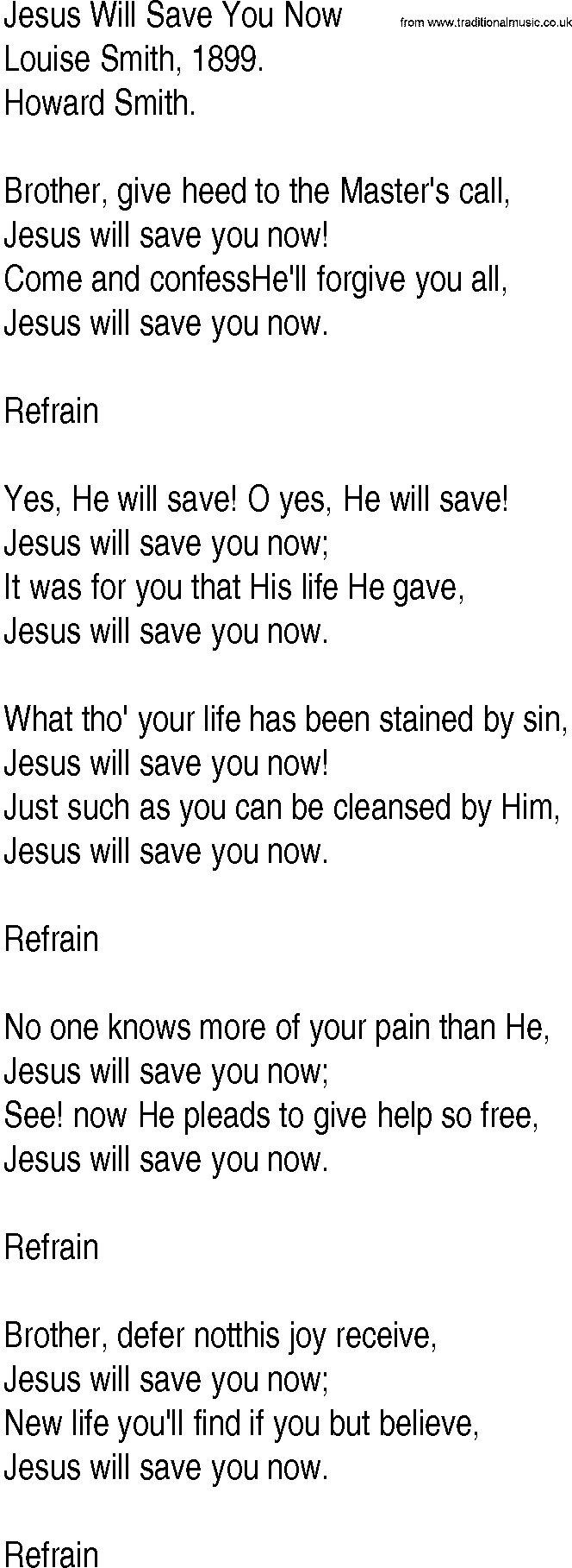 Hymn and Gospel Song: Jesus Will Save You Now by Louise Smith lyrics