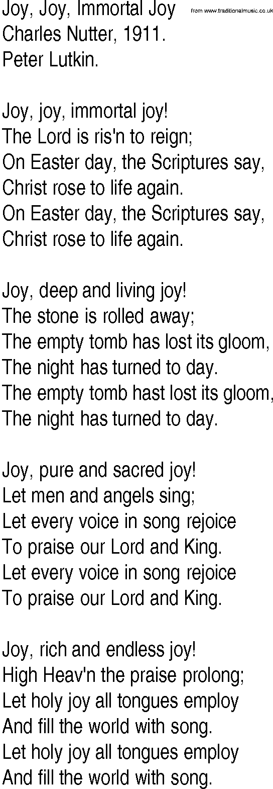 Hymn and Gospel Song: Joy, Joy, Immortal Joy by Charles Nutter lyrics