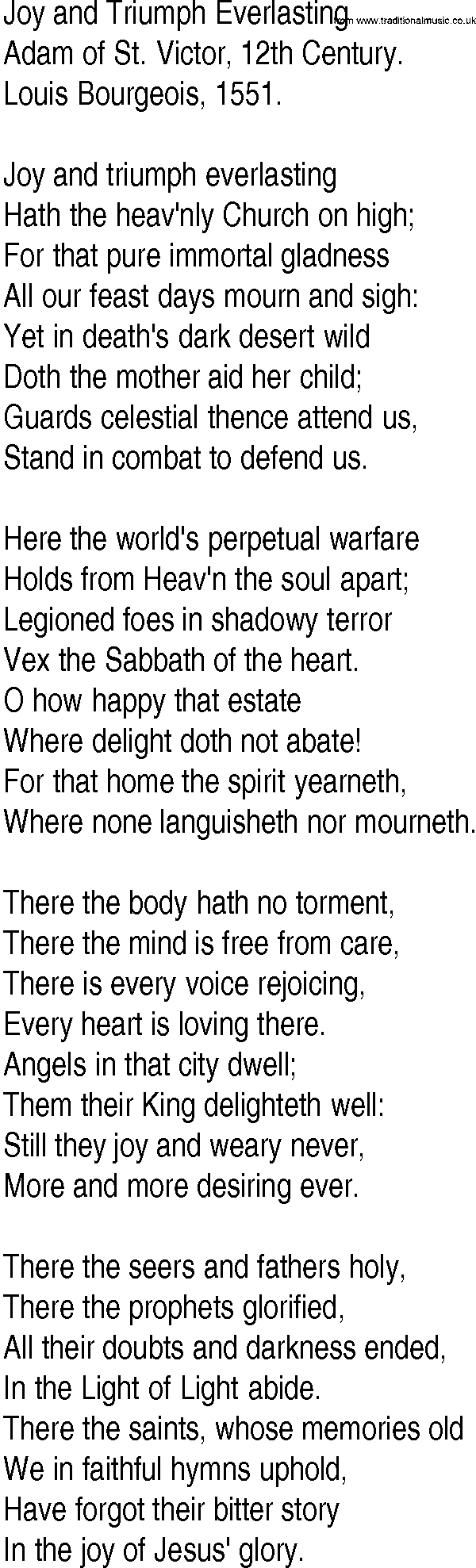 Hymn and Gospel Song: Joy and Triumph Everlasting by Adam of St Victor th Century lyrics
