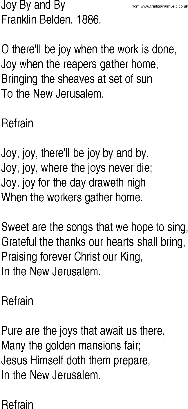 Hymn and Gospel Song: Joy By and By by Franklin Belden lyrics
