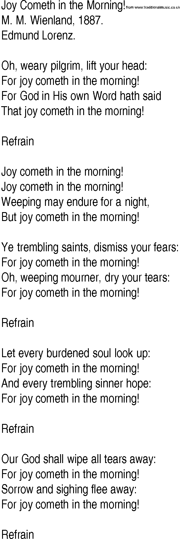 Hymn and Gospel Song: Joy Cometh in the Morning! by M M Wienland lyrics