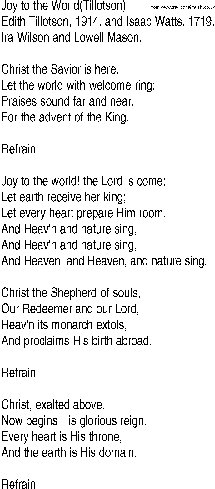Hymn and Gospel Song: Joy to the World(Tillotson) by Edith Tillotson  and Isaac Watts lyrics