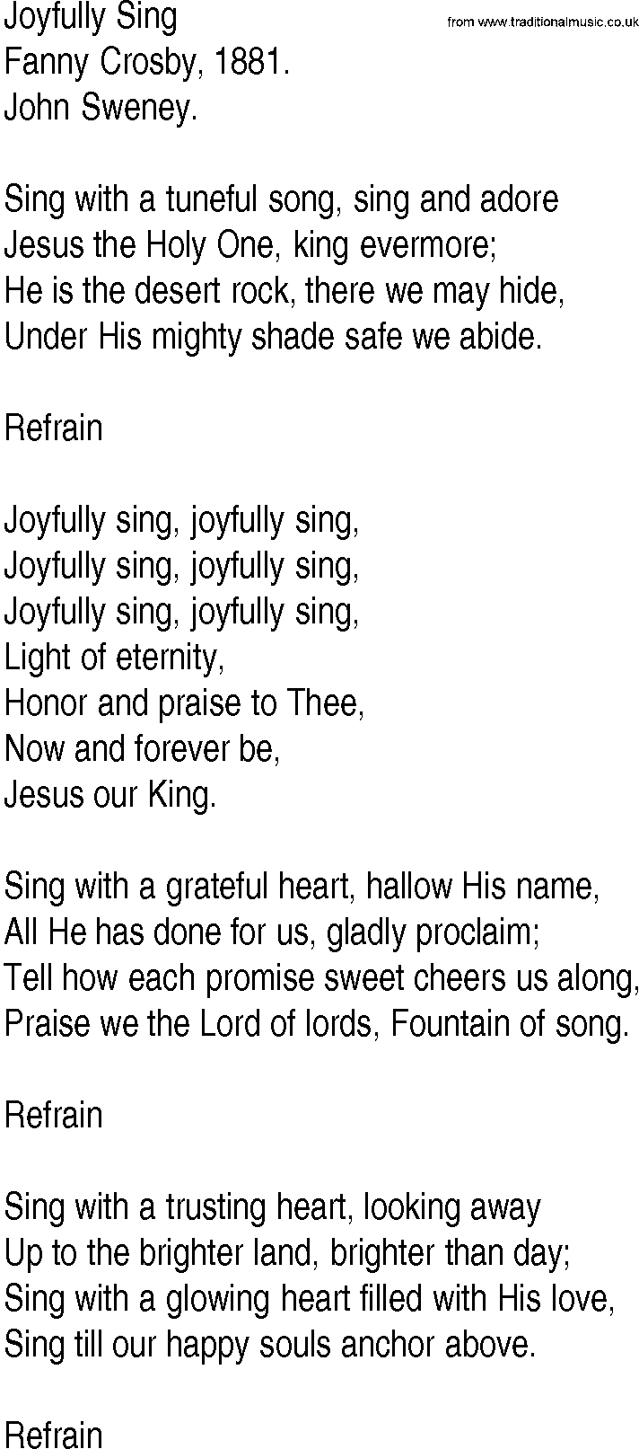 Hymn and Gospel Song: Joyfully Sing by Fanny Crosby lyrics