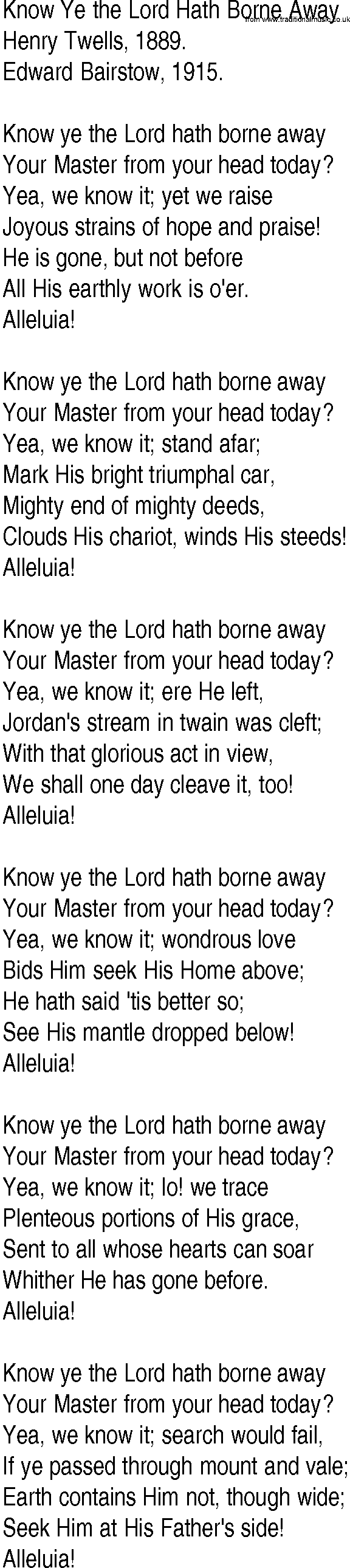 Hymn and Gospel Song: Know Ye the Lord Hath Borne Away by Henry Twells lyrics