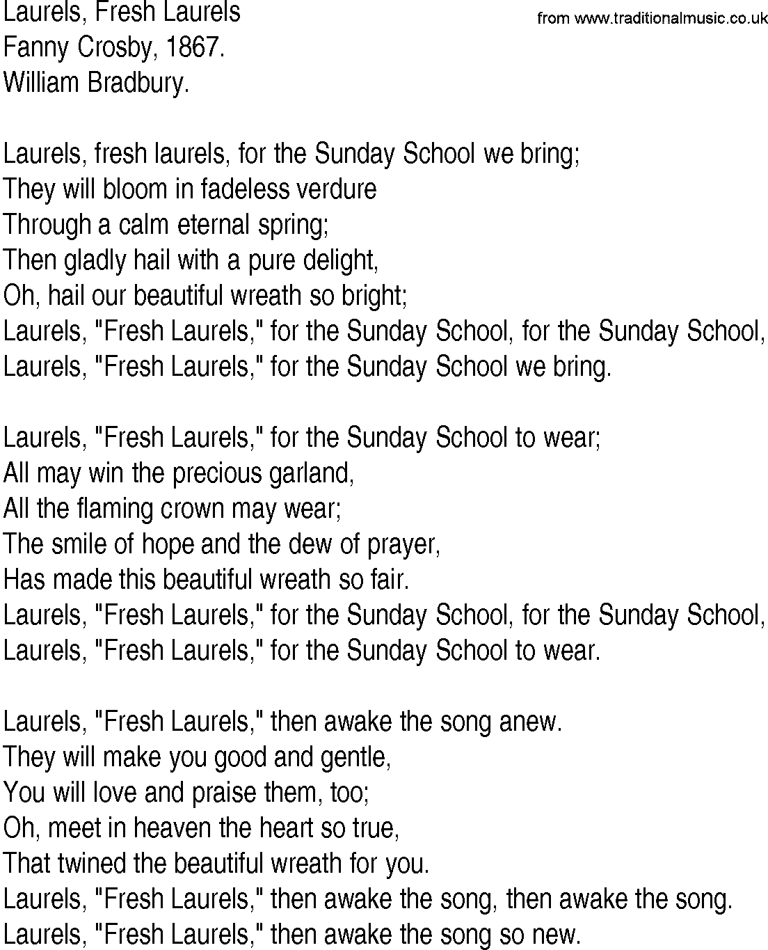 Hymn and Gospel Song: Laurels, Fresh Laurels by Fanny Crosby lyrics
