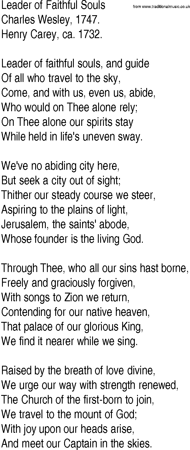 Hymn and Gospel Song: Leader of Faithful Souls by Charles Wesley lyrics