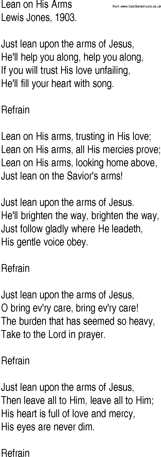 Hymn and Gospel Song: Lean on His Arms by Lewis Jones lyrics