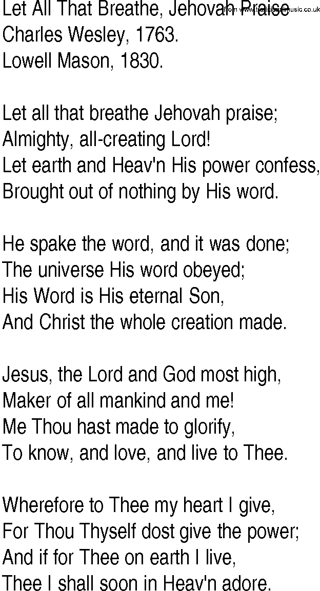 Hymn and Gospel Song: Let All That Breathe, Jehovah Praise by Charles Wesley lyrics