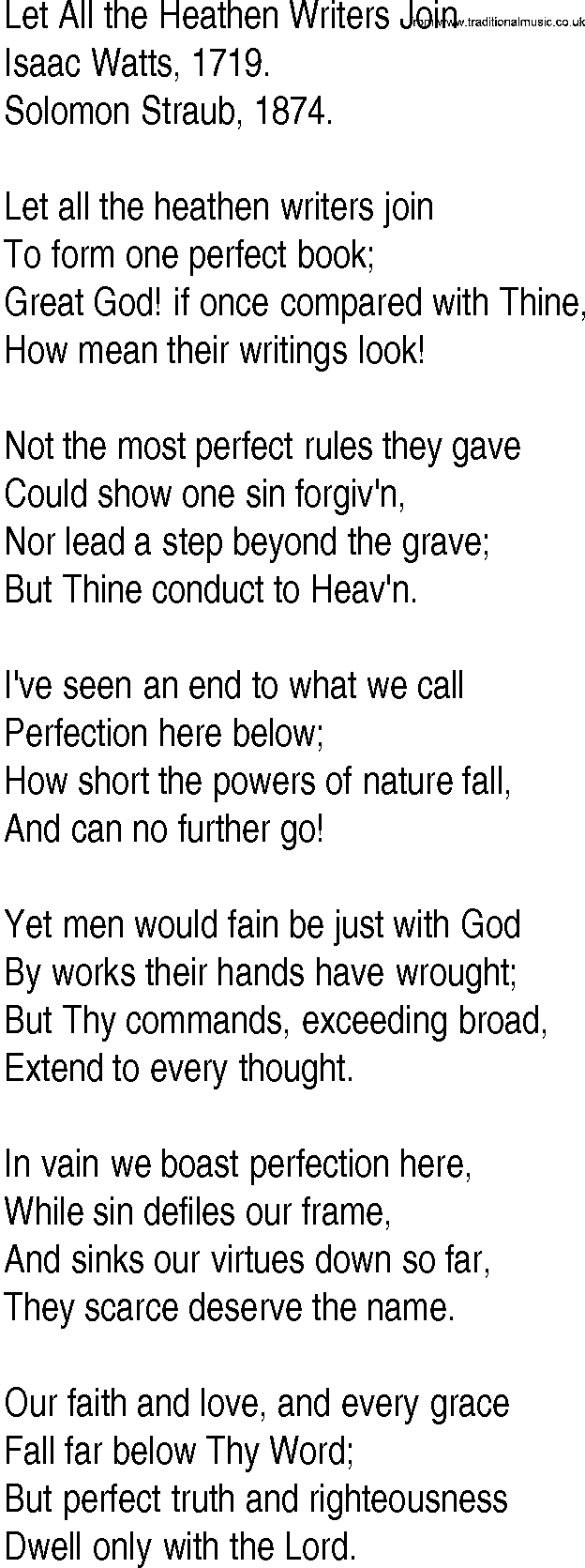 Hymn and Gospel Song: Let All the Heathen Writers Join by Isaac Watts lyrics