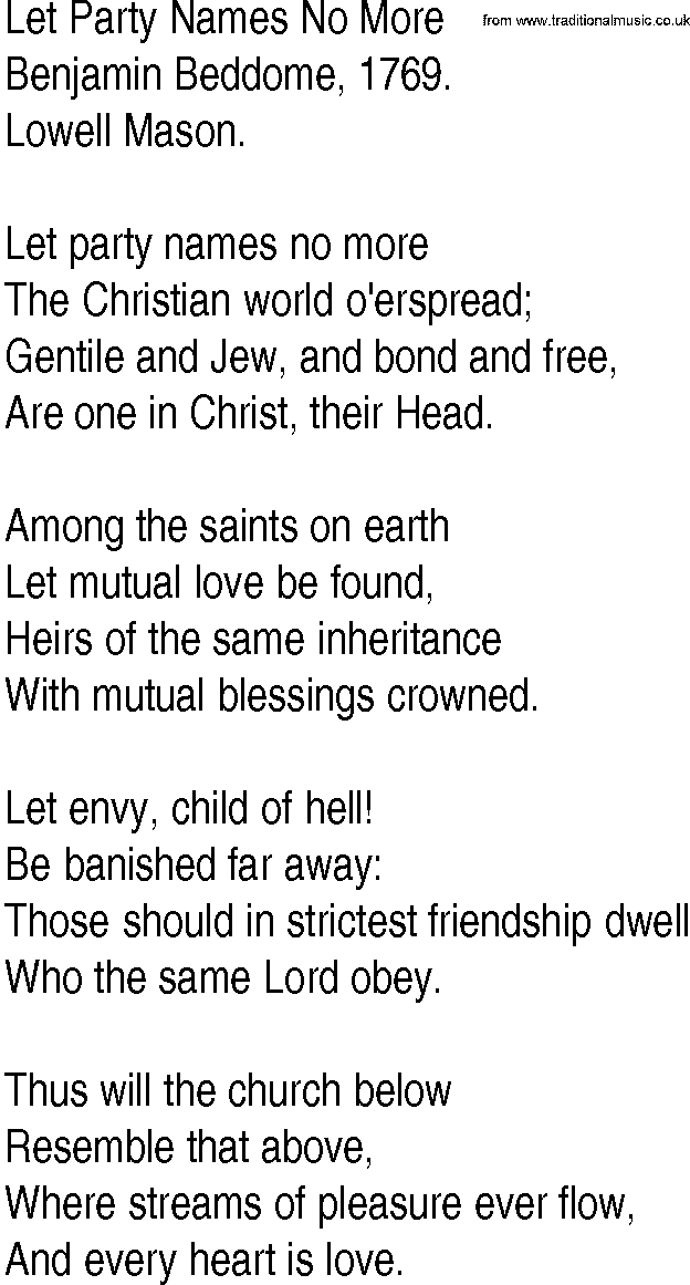 Hymn and Gospel Song: Let Party Names No More by Benjamin Beddome lyrics