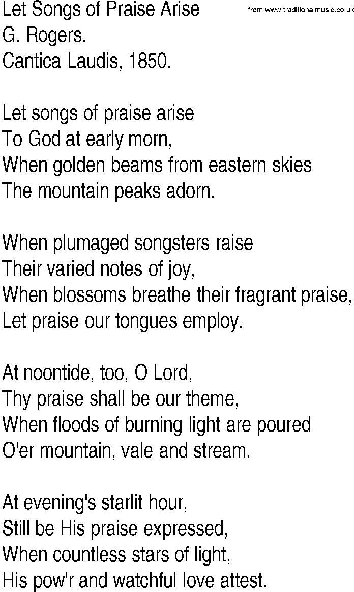 Hymn and Gospel Song: Let Songs of Praise Arise by G Rogers lyrics