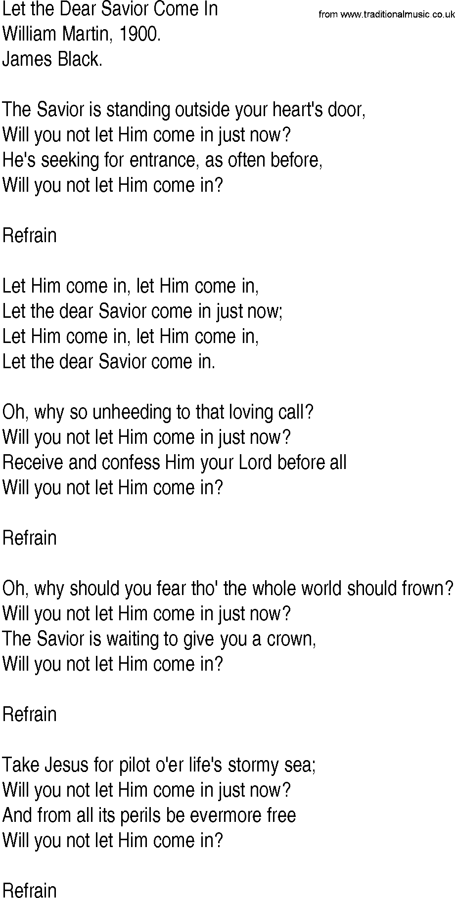 Hymn and Gospel Song: Let the Dear Savior Come In by William Martin lyrics