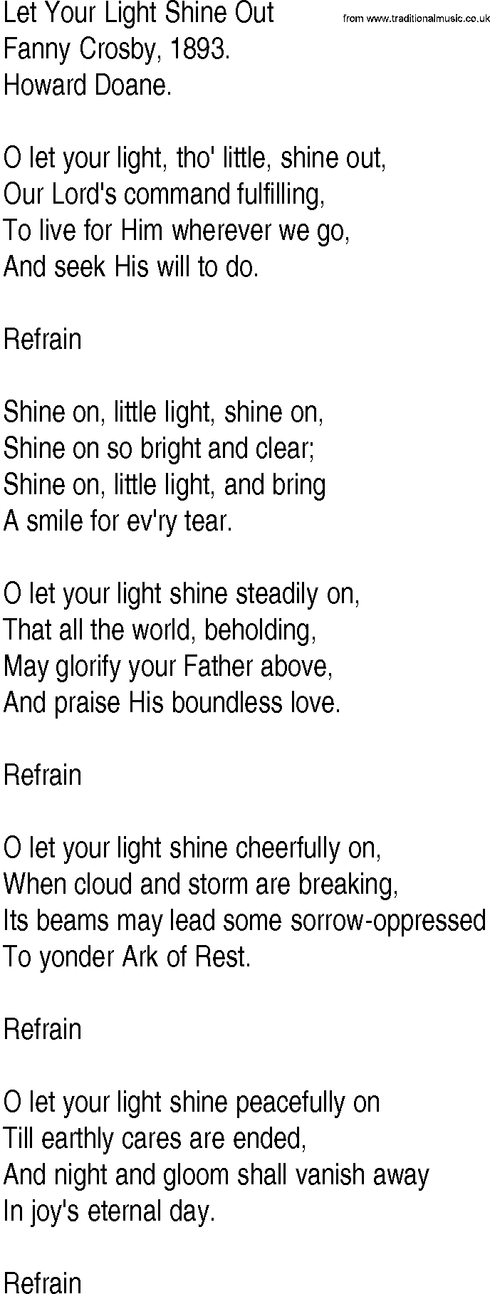 Hymn and Gospel Song: Let Your Light Shine Out by Fanny Crosby lyrics