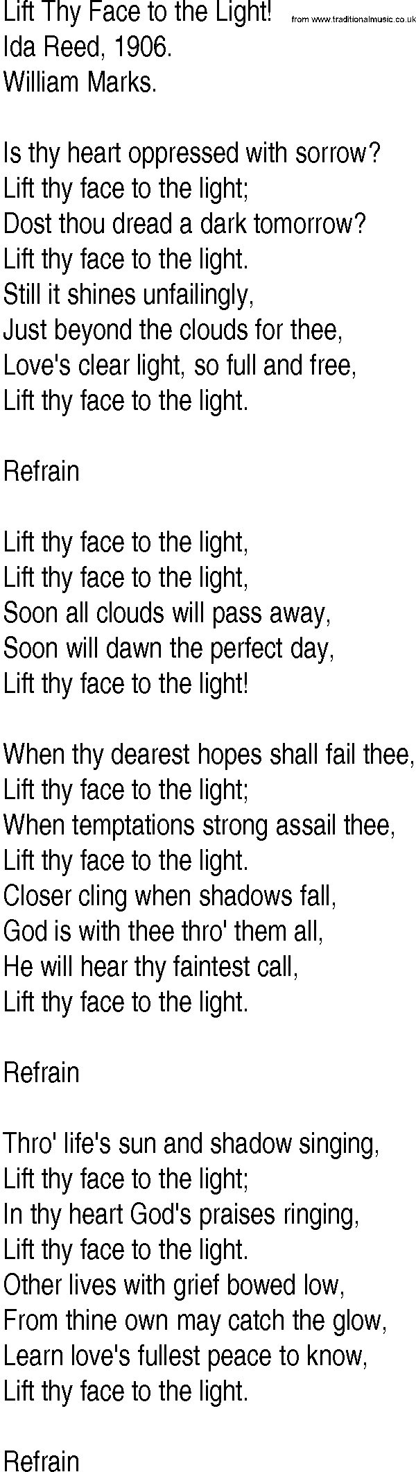 Hymn and Gospel Song: Lift Thy Face to the Light! by Ida Reed lyrics