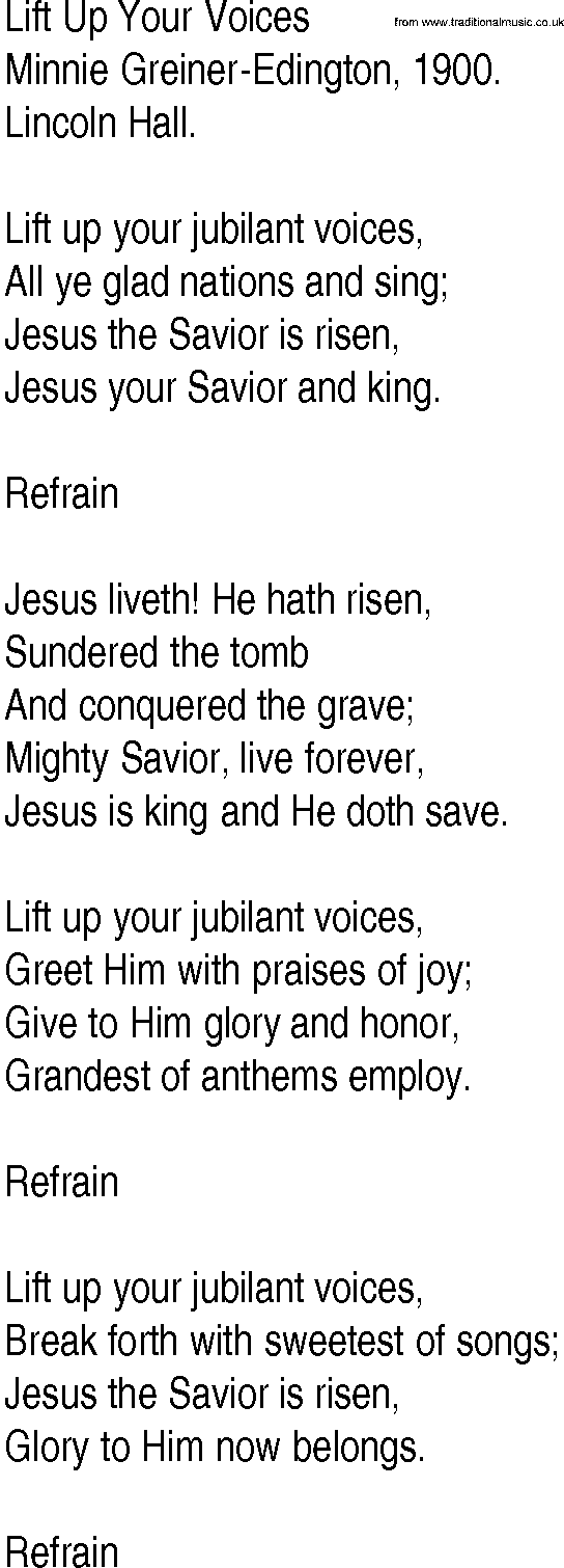 Hymn and Gospel Song: Lift Up Your Voices by Mina­nie Greina­erEdingaton lyrics