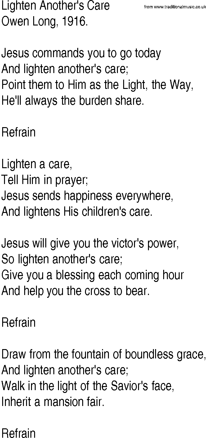 Hymn and Gospel Song: Lighten Another's Care by Owen Long lyrics