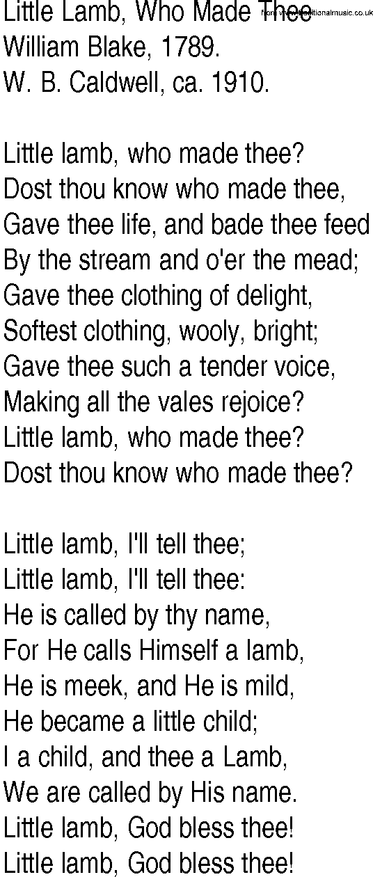 Hymn and Gospel Song: Little Lamb, Who Made Thee by William Blake lyrics