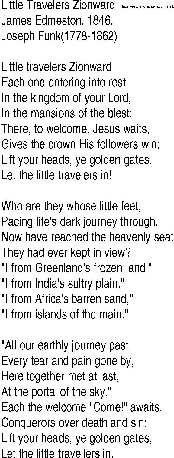 Hymn and Gospel Song: Little Travelers Zionward by James Edmeston lyrics