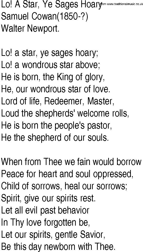 Hymn and Gospel Song: Lo! A Star, Ye Sages Hoary by Samuel Cowan lyrics