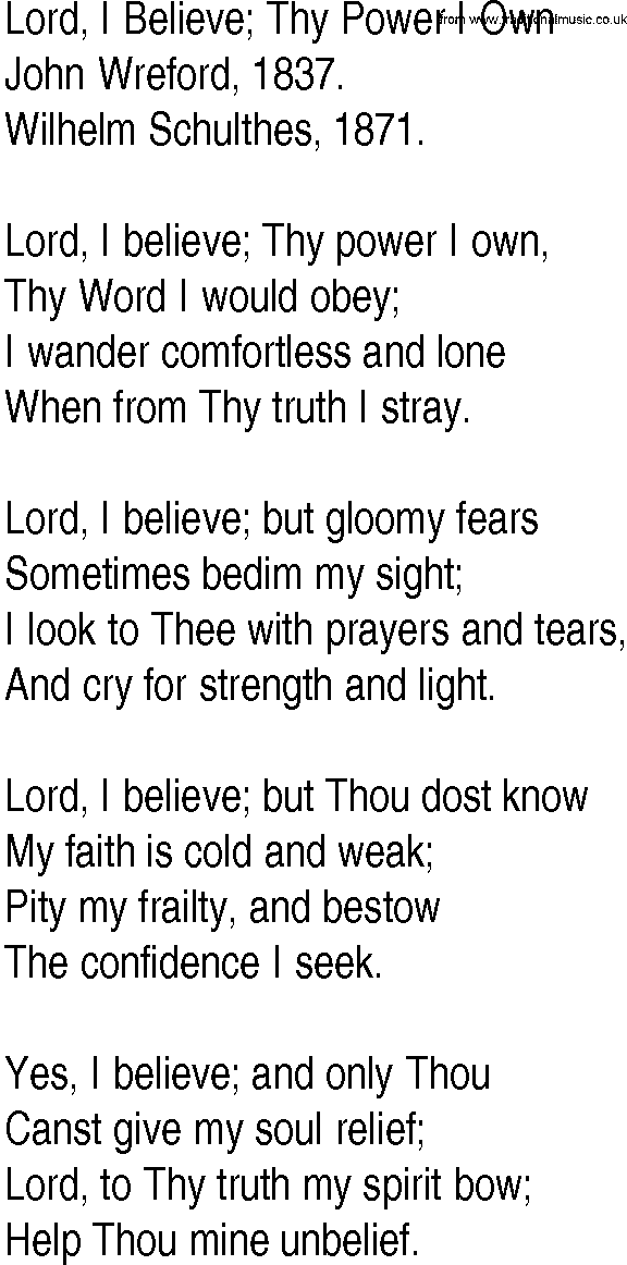 Hymn and Gospel Song: Lord, I Believe; Thy Power I Own by John Wreford lyrics