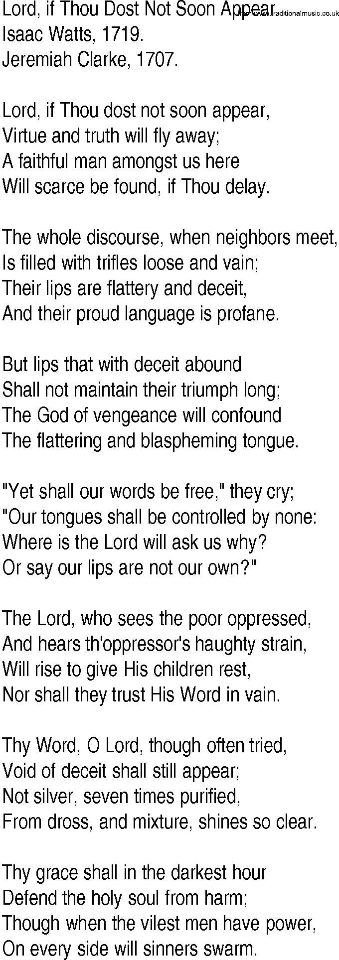Hymn and Gospel Song: Lord, if Thou Dost Not Soon Appear by Isaac Watts lyrics