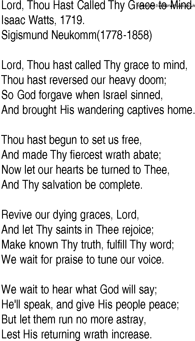 Hymn and Gospel Song: Lord, Thou Hast Called Thy Grace to Mind by Isaac Watts lyrics
