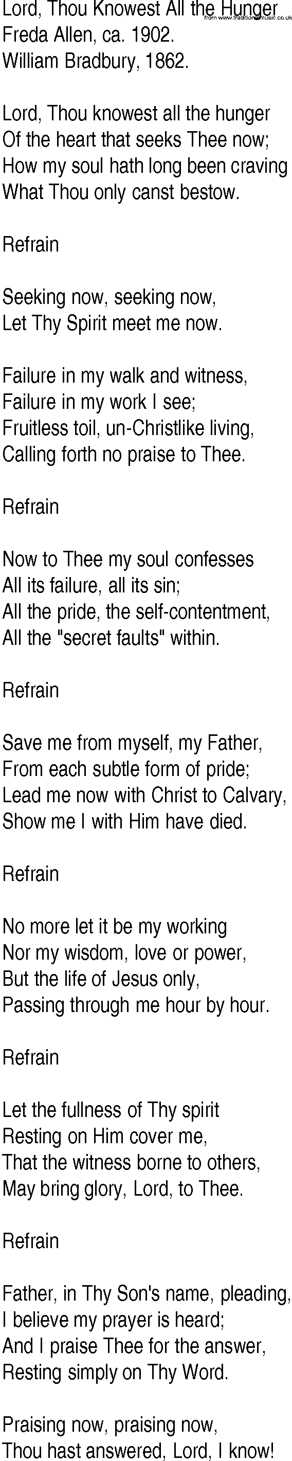 Hymn and Gospel Song: Lord, Thou Knowest All the Hunger by Freda Allen ca lyrics