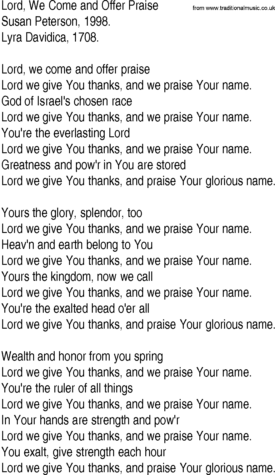Hymn and Gospel Song: Lord, We Come and Offer Praise by Susan Peterson lyrics