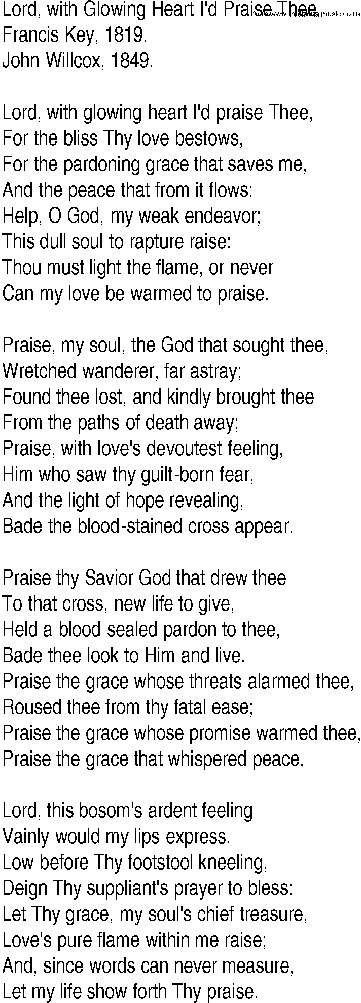 Hymn and Gospel Song: Lord, with Glowing Heart I'd Praise Thee by Francis Key lyrics
