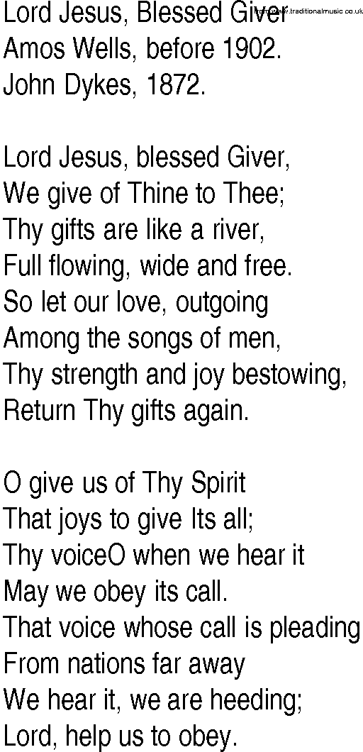 Hymn and Gospel Song: Lord Jesus, Blessed Giver by Amos Wells before lyrics