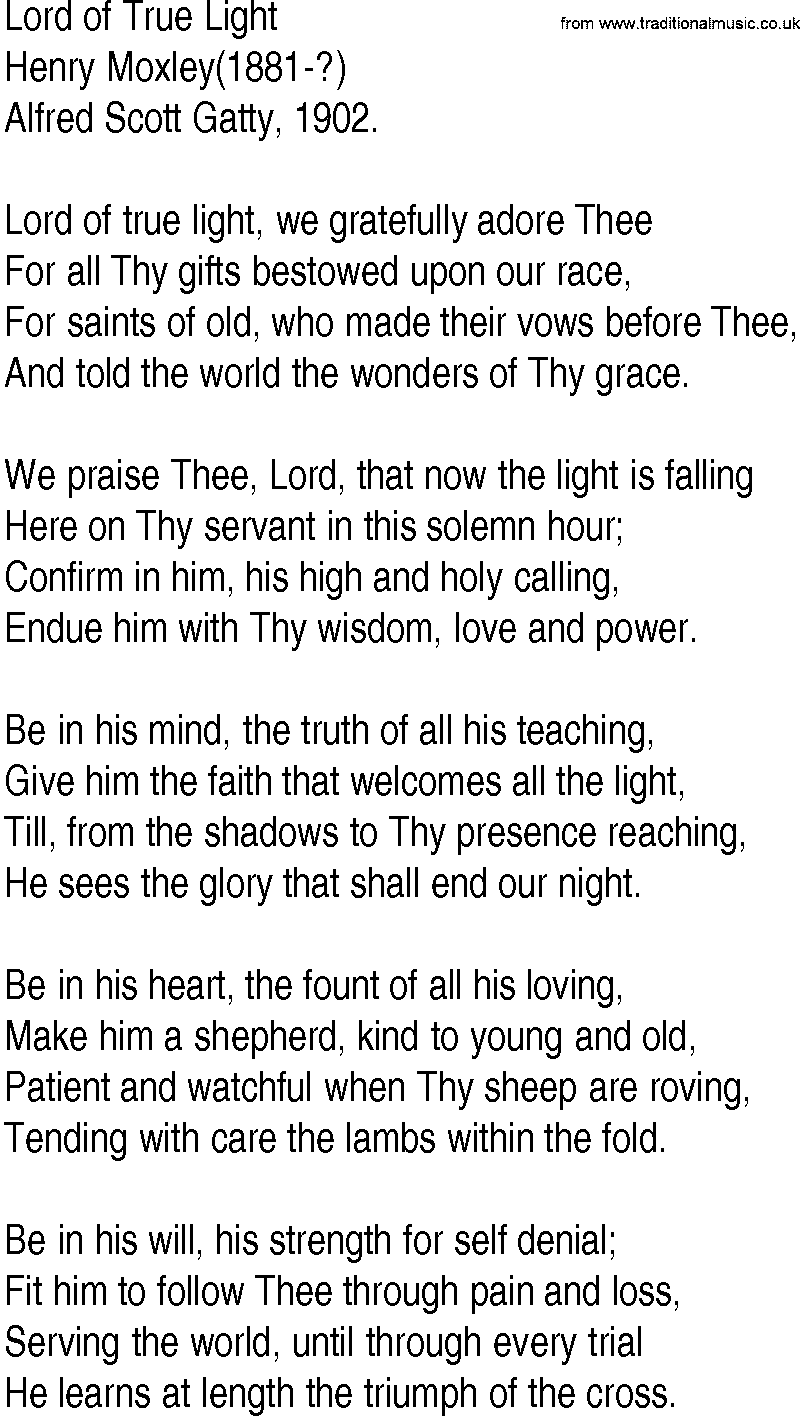 Hymn and Gospel Song: Lord of True Light by Henry Moxley lyrics