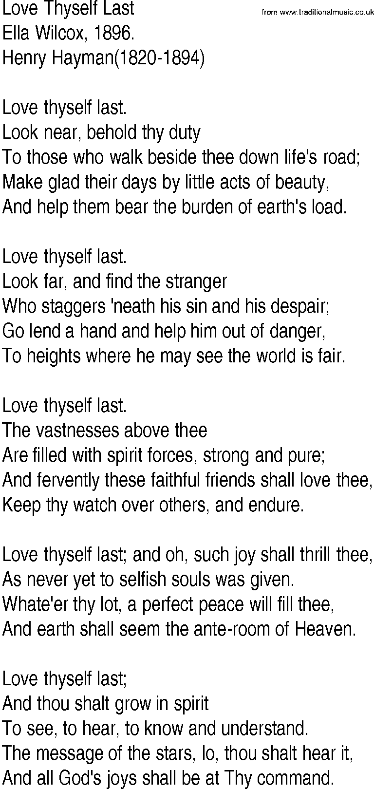 Hymn and Gospel Song: Love Thyself Last by Ella Wilcox lyrics