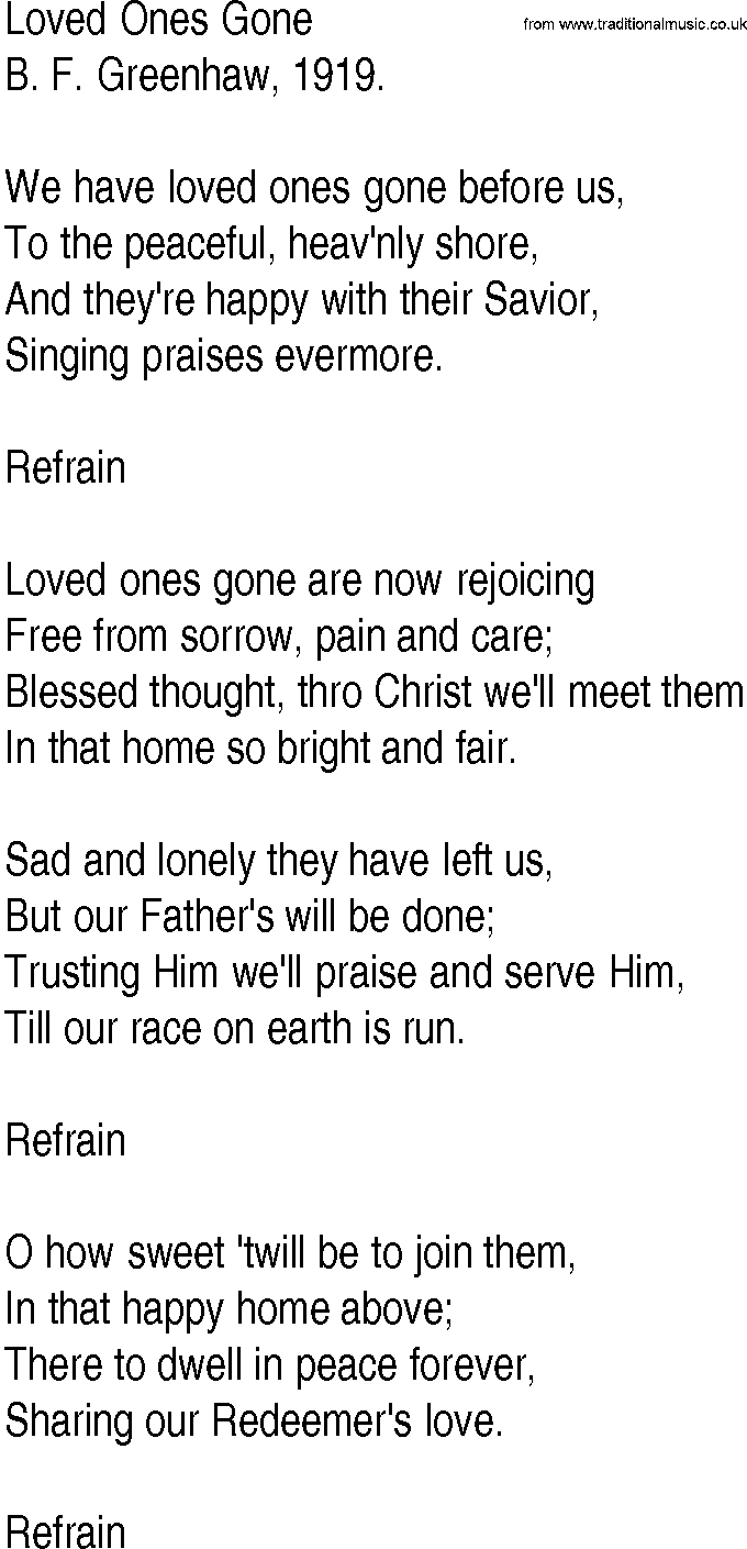 Hymn and Gospel Song: Loved Ones Gone by B F Greenhaw lyrics