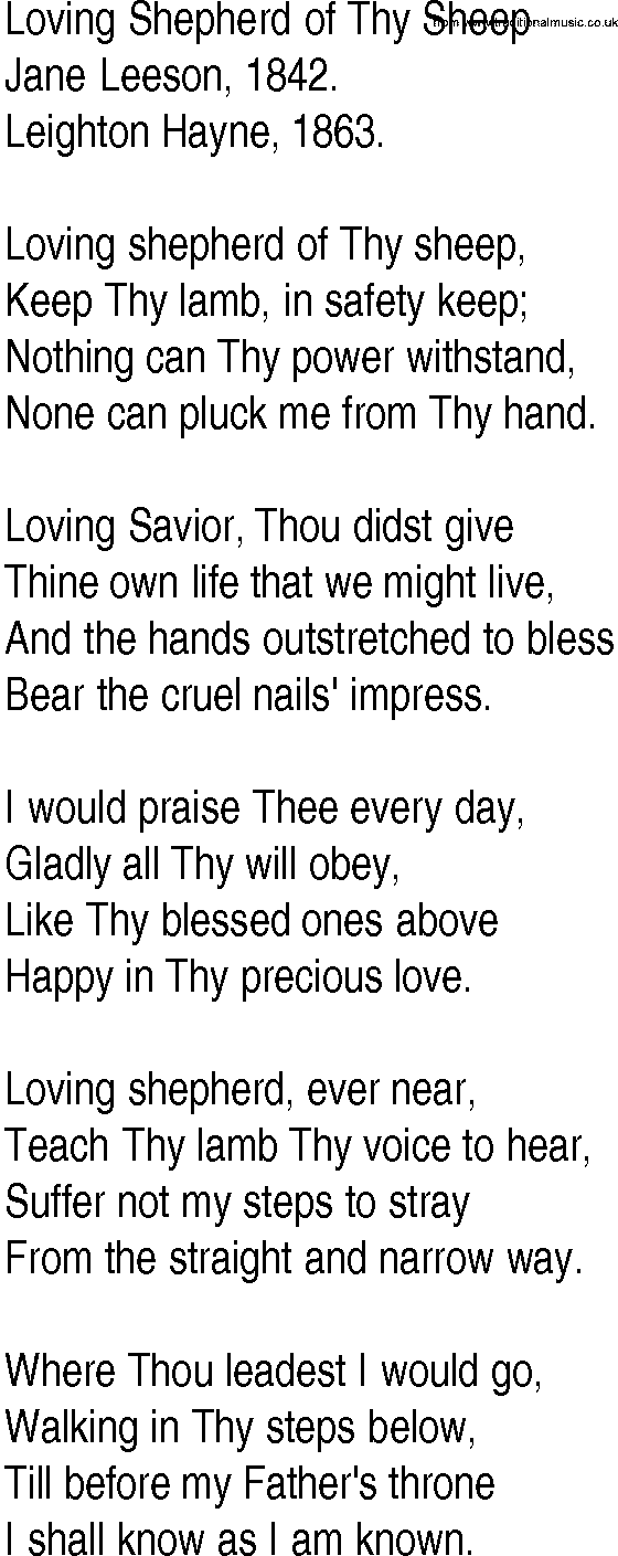 Hymn and Gospel Song: Loving Shepherd of Thy Sheep by Jane Leeson lyrics