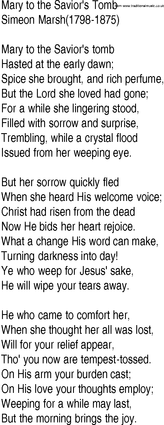 Hymn and Gospel Song: Mary to the Savior's Tomb by Simeon Marsh lyrics