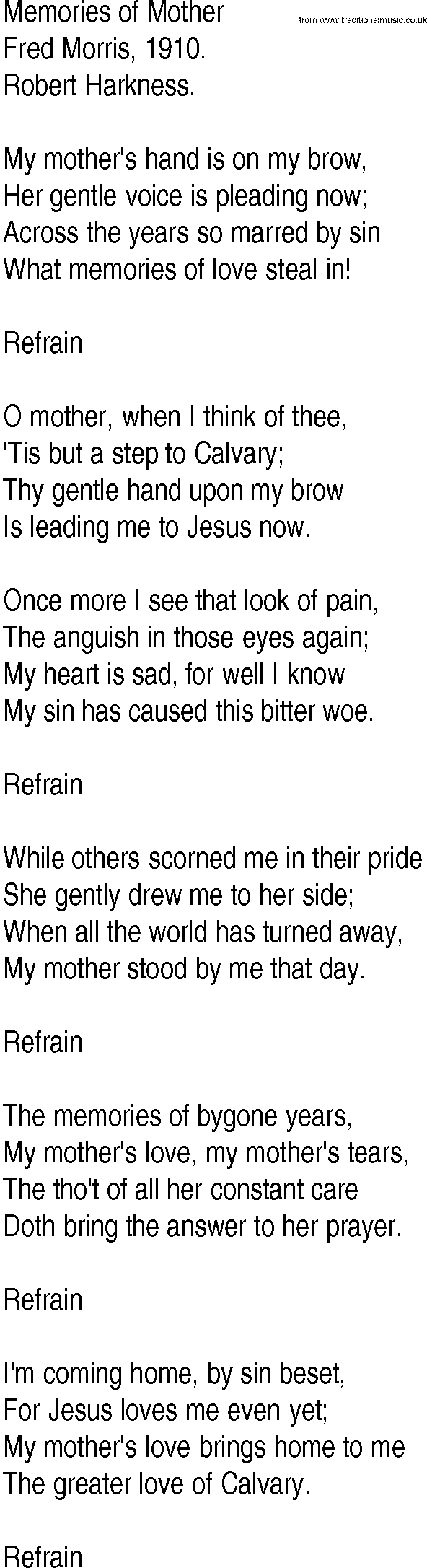 Hymn and Gospel Song: Memories of Mother by Fred Morris lyrics
