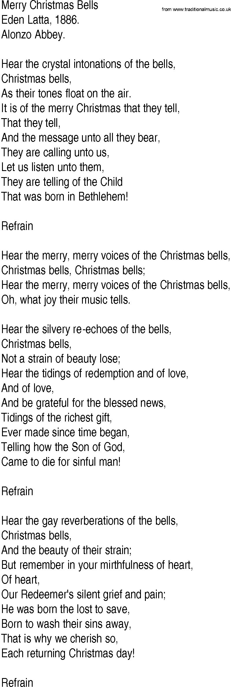 Hymn and Gospel Song: Merry Christmas Bells by Eden Latta lyrics