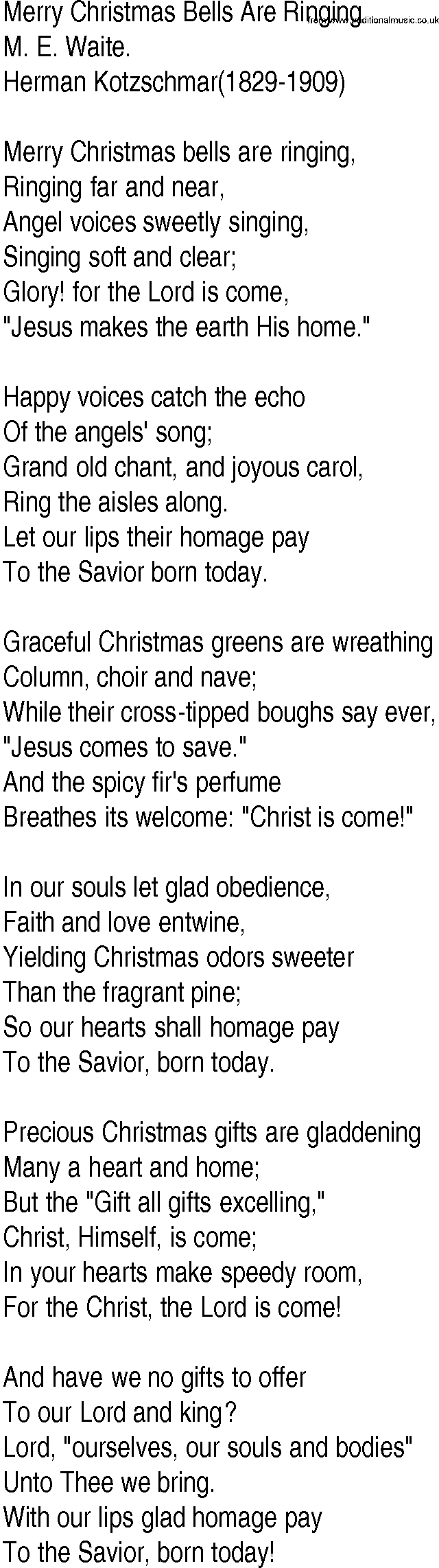 Hymn and Gospel Song: Merry Christmas Bells Are Ringing by M E Waite lyrics