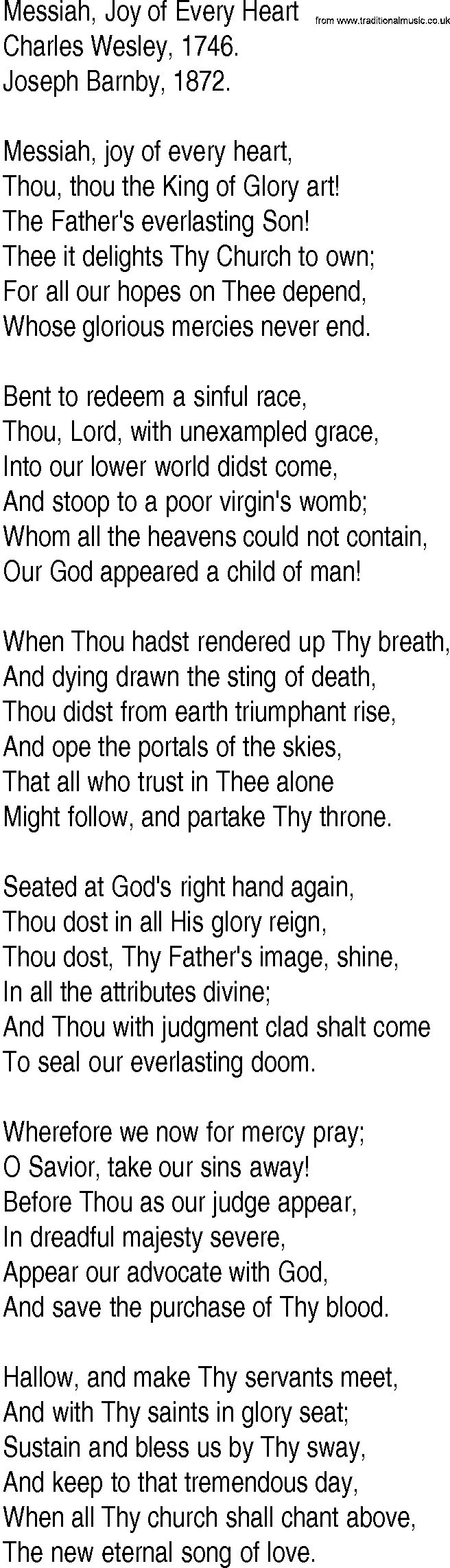 Hymn and Gospel Song: Messiah, Joy of Every Heart by Charles Wesley lyrics