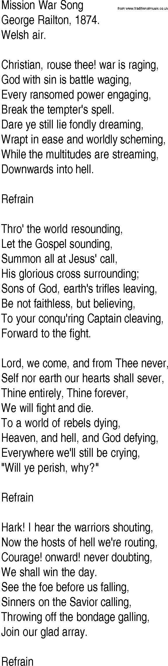 Hymn and Gospel Song: Mission War Song by George Railton lyrics