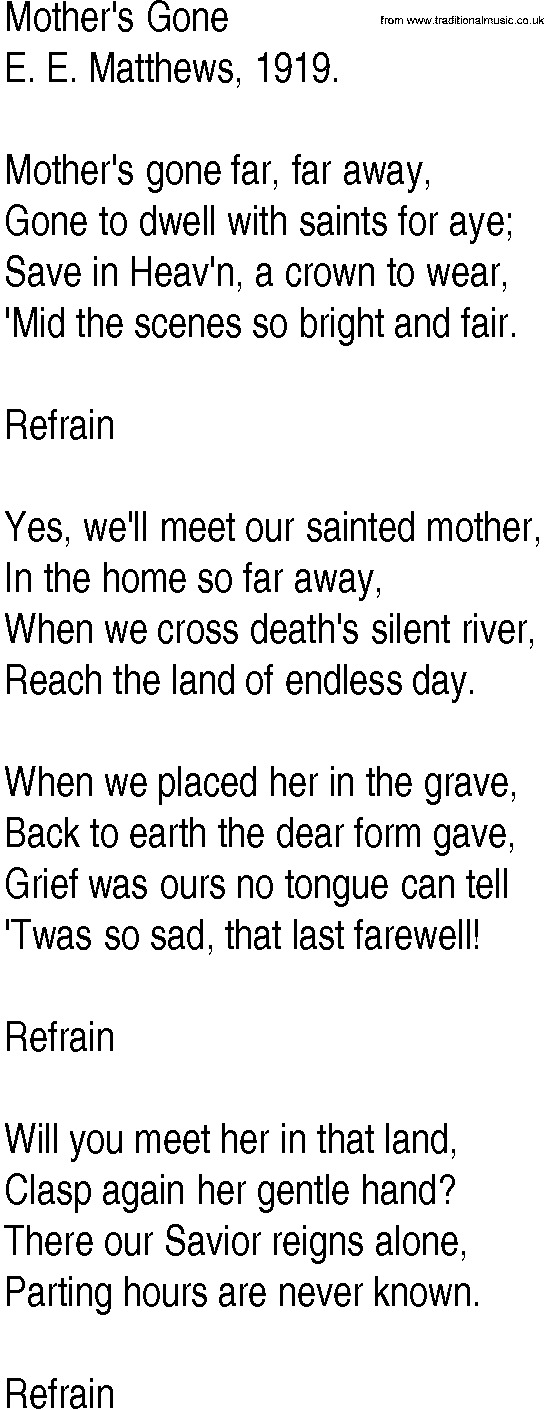 Hymn and Gospel Song: Mother's Gone by E E Matthews lyrics