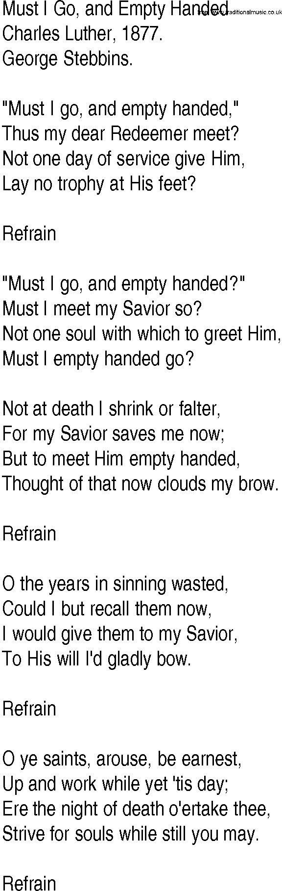 Hymn and Gospel Song: Must I Go, and Empty Handed by Charles Luther lyrics