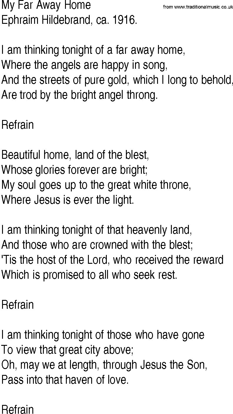 Hymn and Gospel Song: My Far Away Home by Ephraim Hildebrand ca lyrics
