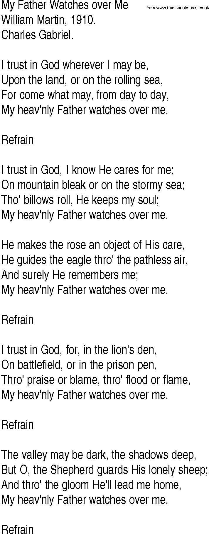 Hymn and Gospel Song: My Father Watches over Me by William Martin lyrics